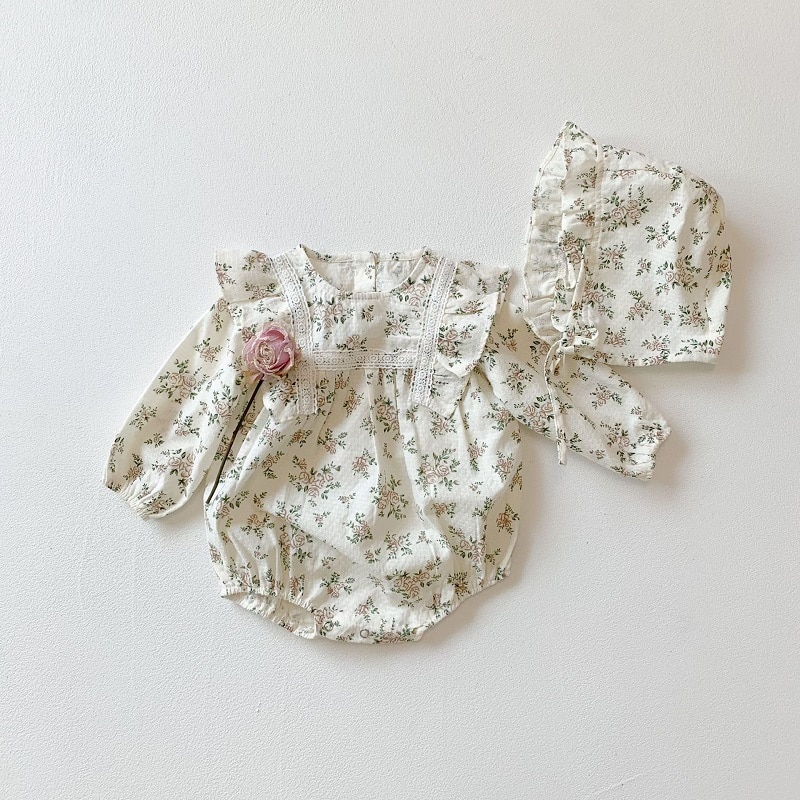 2Pcs Korean Lace Ruffle Cute Baby Romper With Hat Set Infant Vintage Floral Long Sleeve Jumpsuit Toddler Baby Girl Sweet Clothes 2Pcs Korean Lace Ruffle Cute Baby Romper With Hat Set Infant Vintage Floral Long Sleeve Jumpsuit Toddler Baby Girl Sweet Clothes