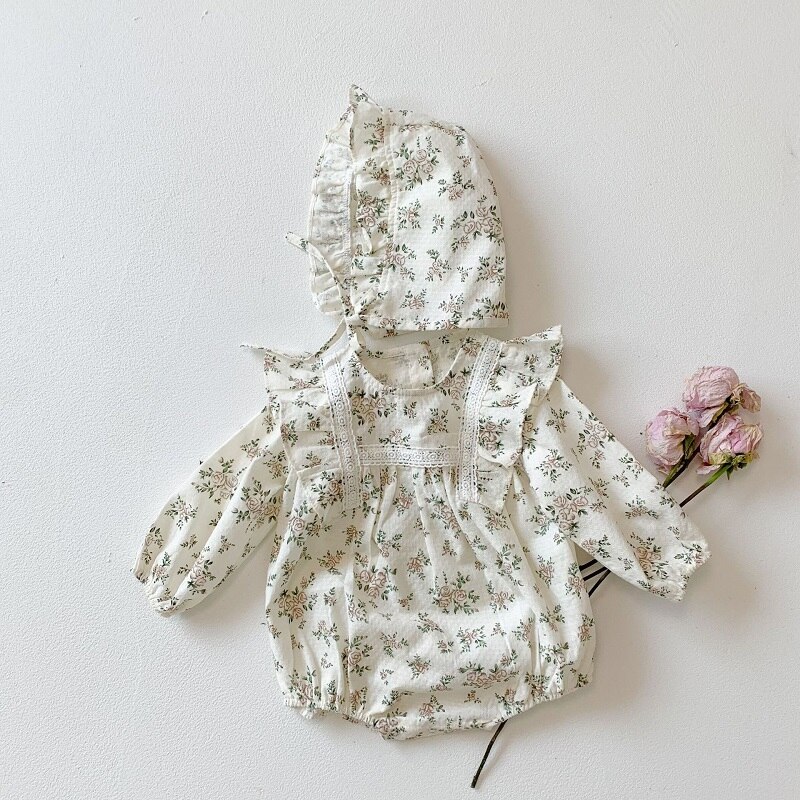 2Pcs Korean Lace Ruffle Cute Baby Romper With Hat Set Infant Vintage Floral Long Sleeve Jumpsuit Toddler Baby Girl Sweet Clothes 2Pcs Korean Lace Ruffle Cute Baby Romper With Hat Set Infant Vintage Floral Long Sleeve Jumpsuit Toddler Baby Girl Sweet Clothes