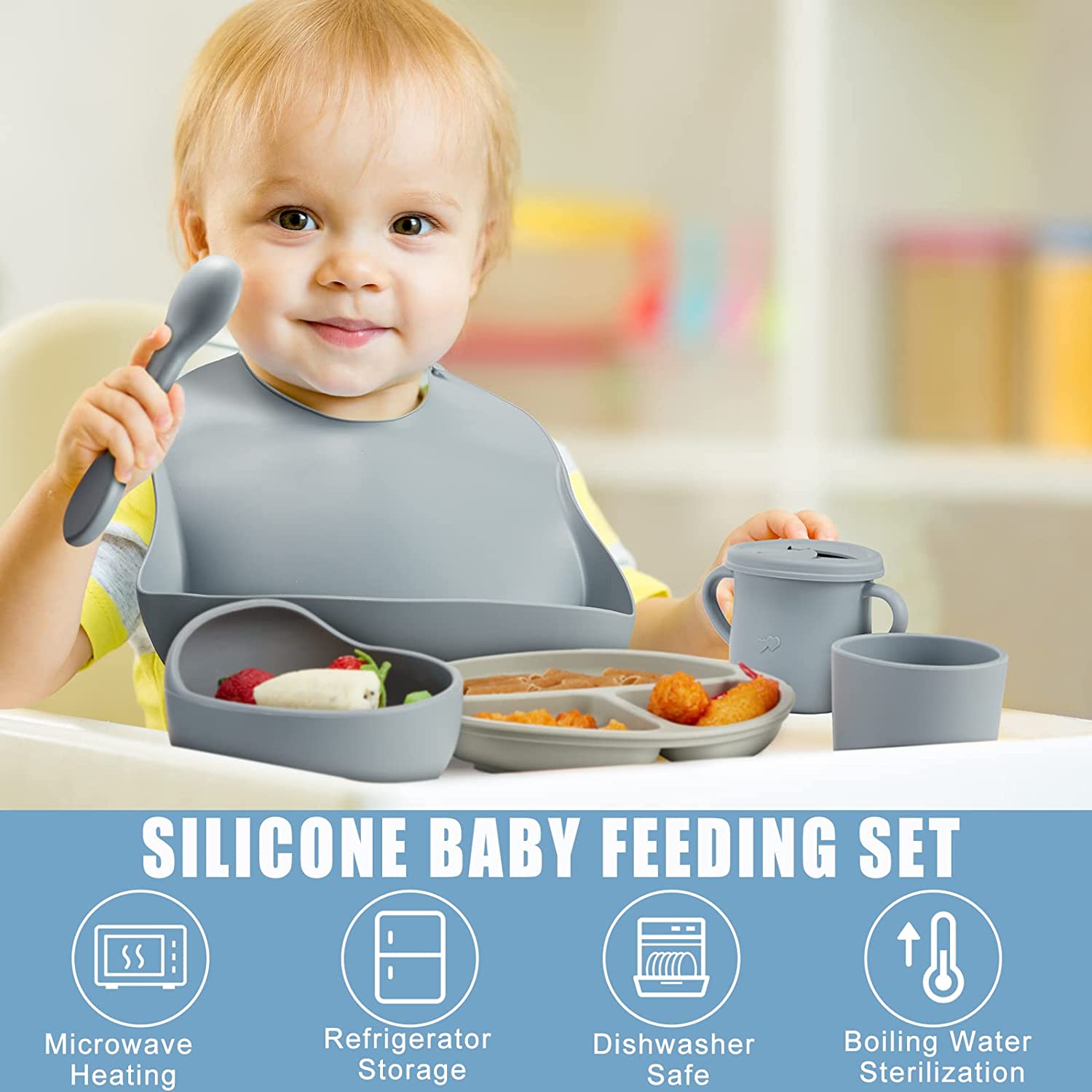 Silicone Baby Plates Spoons Forks Bib Bowls Dish Cup Child Feeding Suction Kids Toddler Eating Tableware Dinnerware Non-slip Set