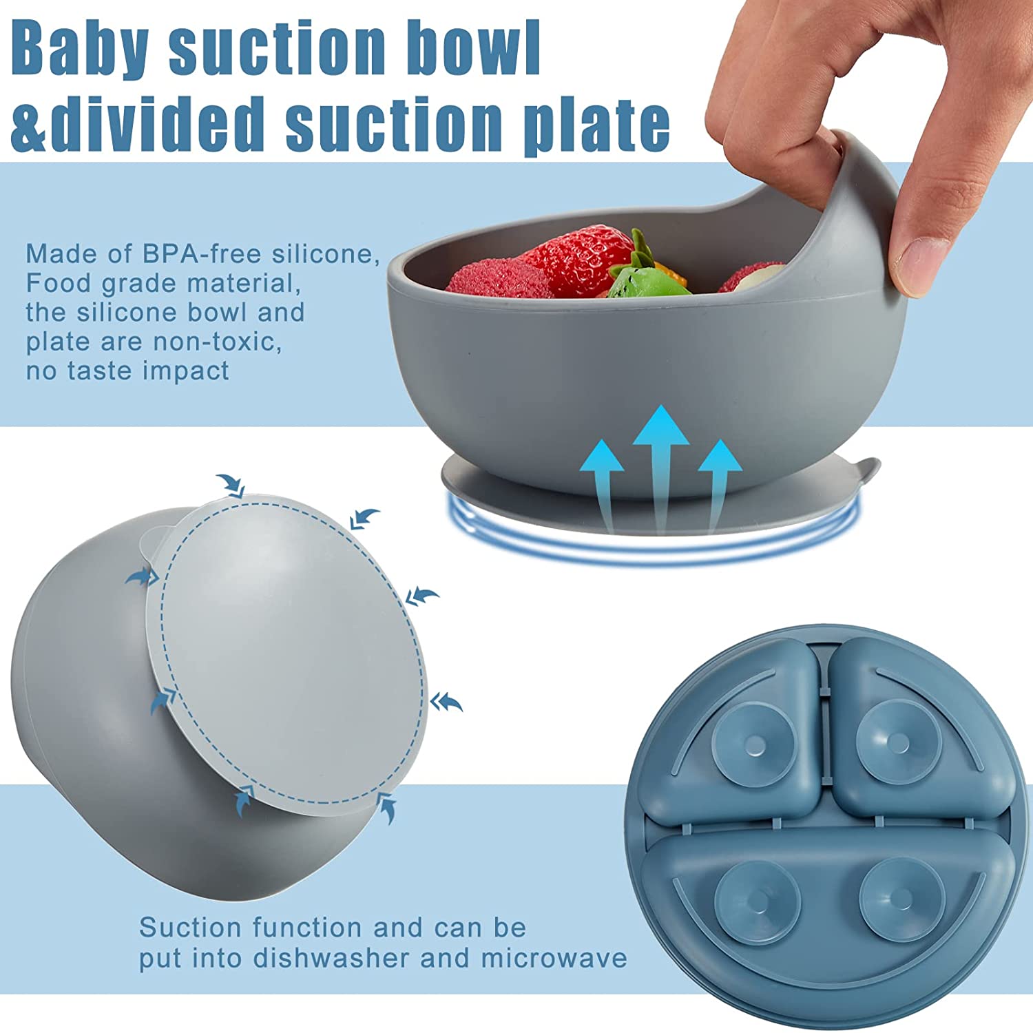 Silicone Baby Plates Spoons Forks Bib Bowls Dish Cup Child Feeding Suction Kids Toddler Eating Tableware Dinnerware Non-slip Set