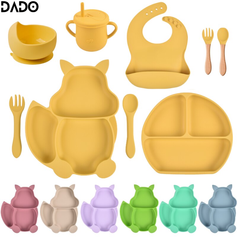Silicone Baby Plates Spoons Forks Bib Bowls Dish Cup Child Feeding Suction Kids Toddler Eating Tableware Dinnerware Non-slip Set