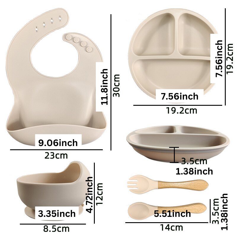 Silicone Baby Plates Spoons Forks Bib Bowls Dish Cup Child Feeding Suction Kids Toddler Eating Tableware Dinnerware Non-slip Set