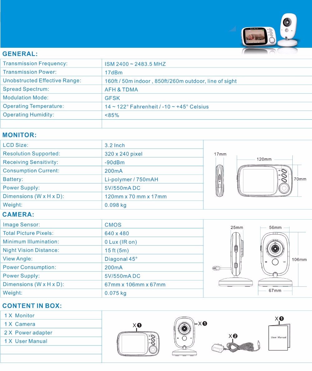 3.2 inch Wireless Video Color Baby Monitor High Resolution Baby Nanny Security Camera  Night Vision Temperature Monitoring