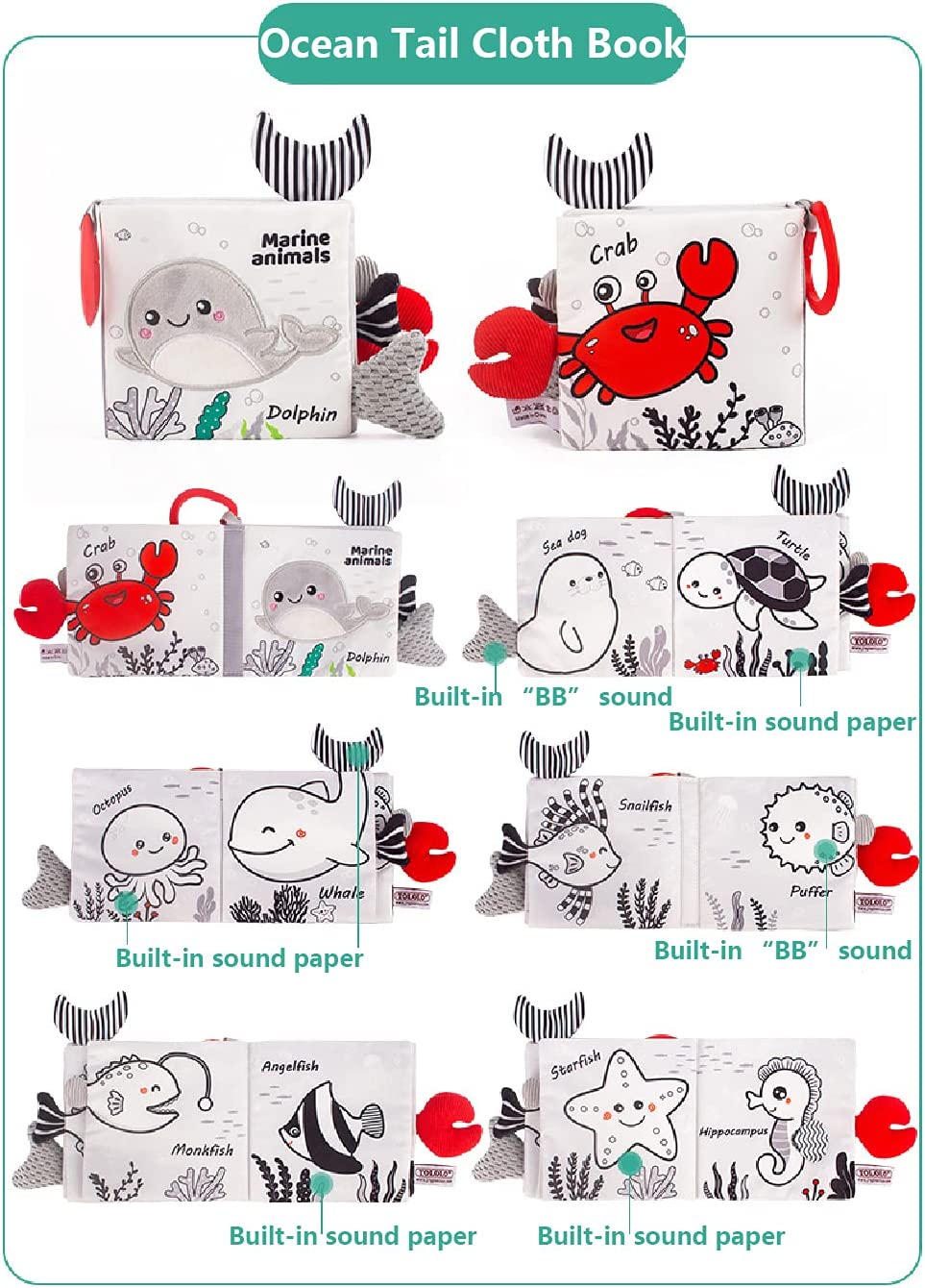 Libro de tela de juguete para beb&eacute;, libro de actividades de tela blanco y negro, libros sensoriales para beb&eacute;s, juguetes montessori de desarrollo temprano para ni&ntilde;os de 0 a 12 meses