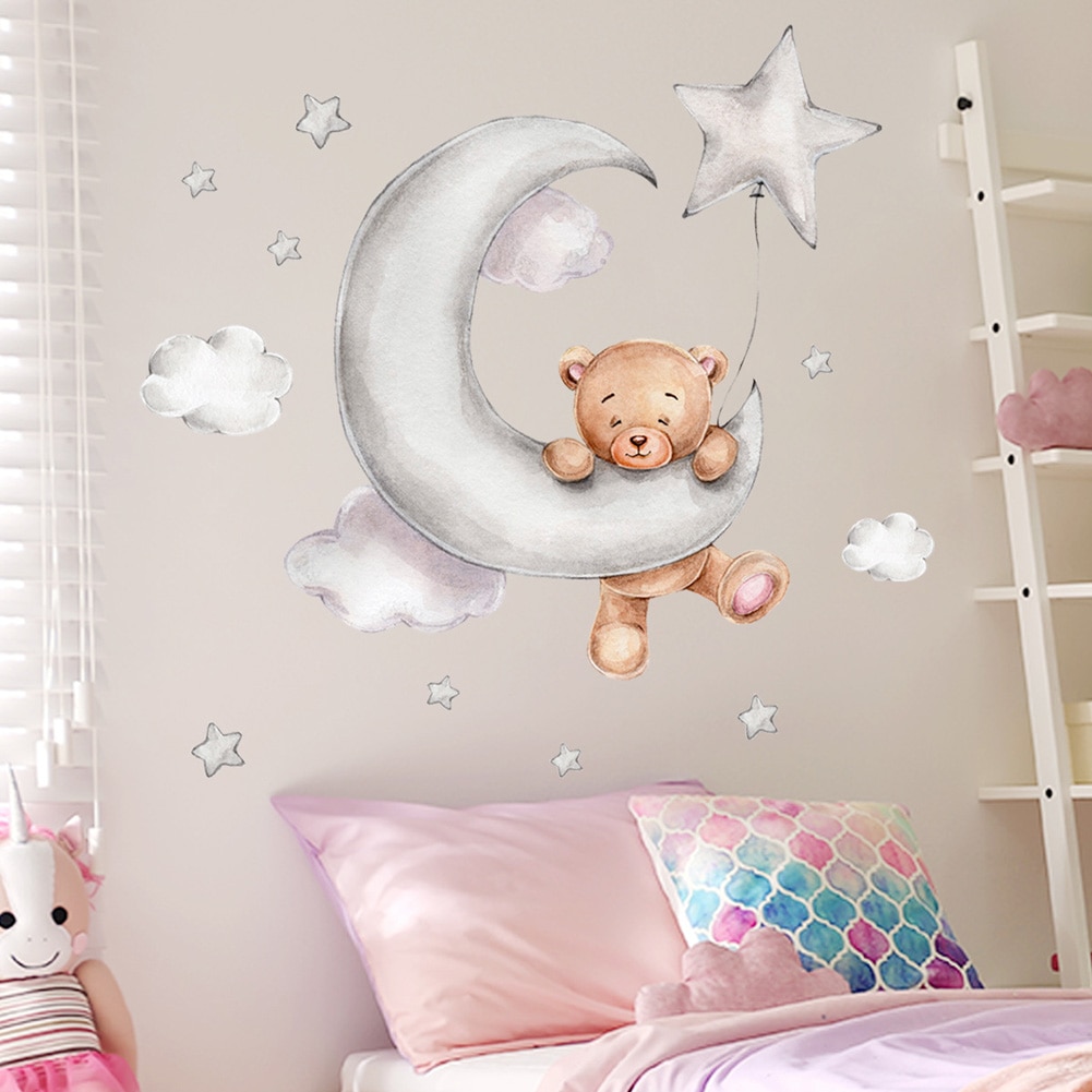 Bear Moon Clouds Stars Wall Stickers Bedroom For Baby Kids Room Background Home Decoration Living Room Wallpaper Nursery Sticker Bear Moon Clouds Stars Wall Stickers Bedroom For Baby Kids Room Background Home Decoration Living Room Wallpaper Nursery Sticker