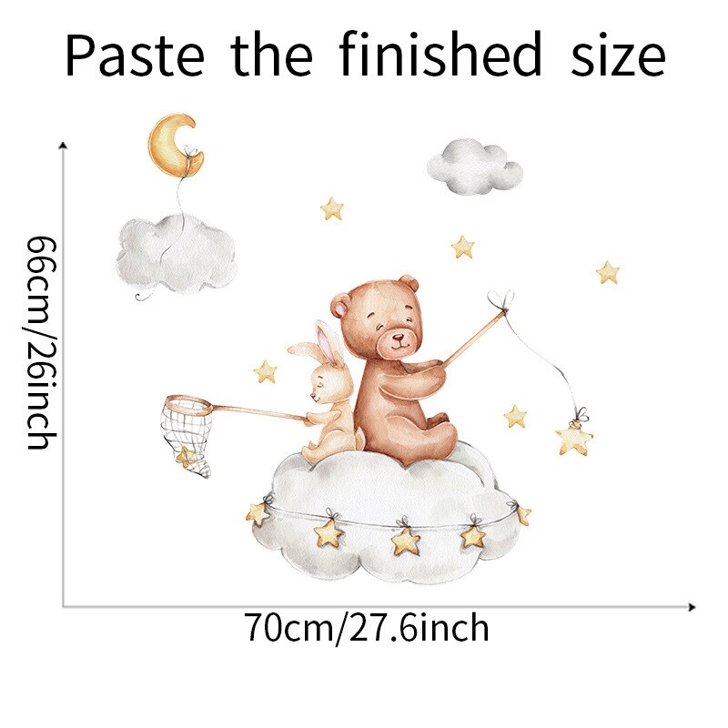 Teddy Bear Sleep on Moon Star Wall Stickers for Baby Kids Room Nursery Wall Decals Peel and Stick Home Room Furniture Decoration