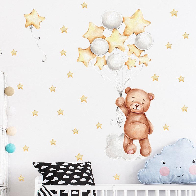 Teddy Bear Sleep on Moon Star Wall Stickers for Baby Kids Room Nursery Wall Decals Peel and Stick Home Room Furniture Decoration