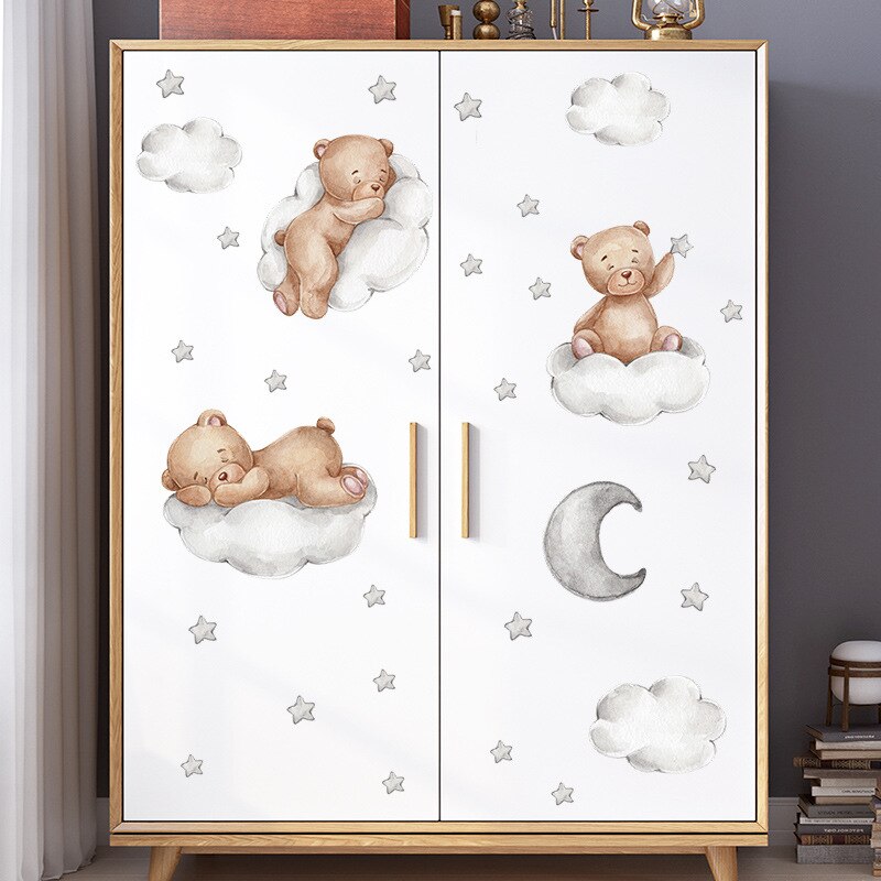 Teddy Bear Sleep on Moon Star Wall Stickers for Baby Kids Room Nursery Wall Decals Peel and Stick Home Room Furniture Decoration