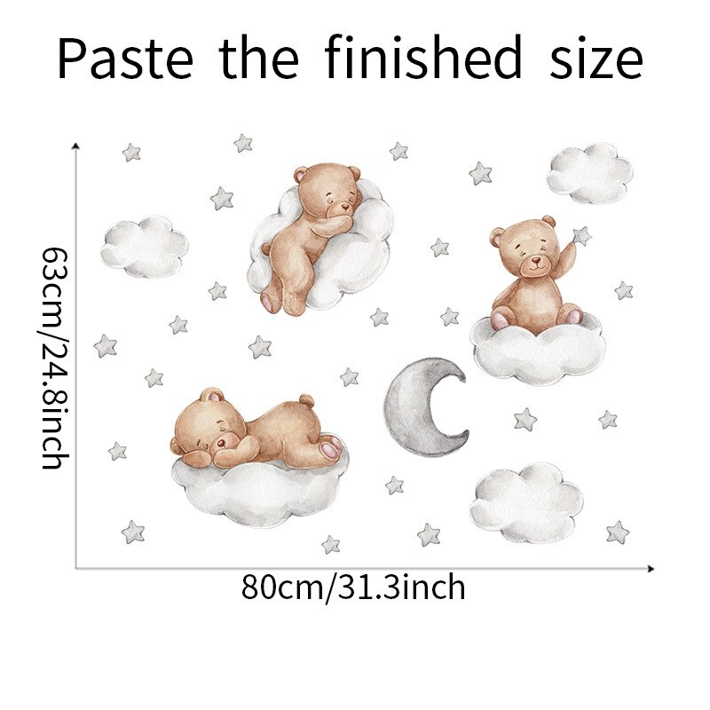 Teddy Bear Sleep on Moon Star Wall Stickers for Baby Kids Room Nursery Wall Decals Peel and Stick Home Room Furniture Decoration