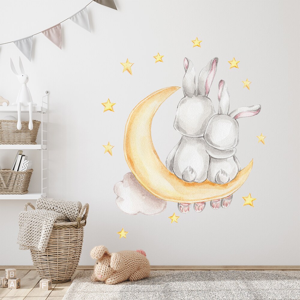 Cartoon Bunny Moon and Stars Wall Stickers for Kids Room Baby Room Decoration Animals Wall Decals Girls Boys Bedroom Wallpaper