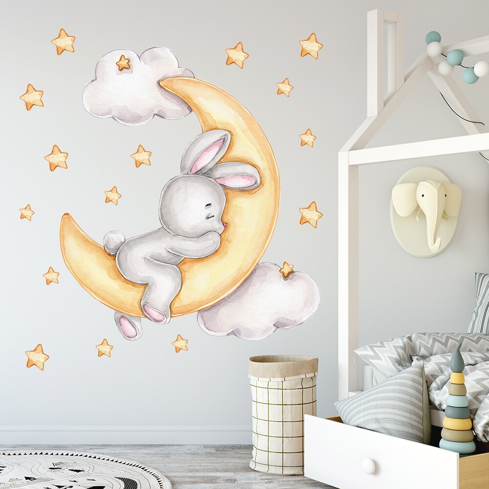 Cartoon Bunny Moon and Stars Wall Stickers for Kids Room Baby Room Decoration Animals Wall Decals Girls Boys Bedroom Wallpaper