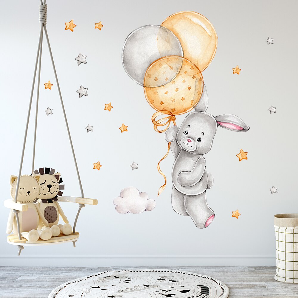 Cartoon Bunny Moon and Stars Wall Stickers for Kids Room Baby Room Decoration Animals Wall Decals Girls Boys Bedroom Wallpaper