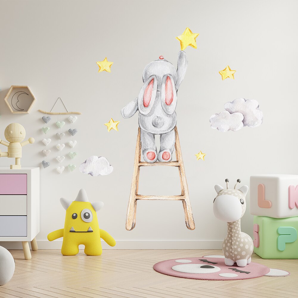 Cartoon Bunny Moon and Stars Wall Stickers for Kids Room Baby Room Decoration Animals Wall Decals Girls Boys Bedroom Wallpaper