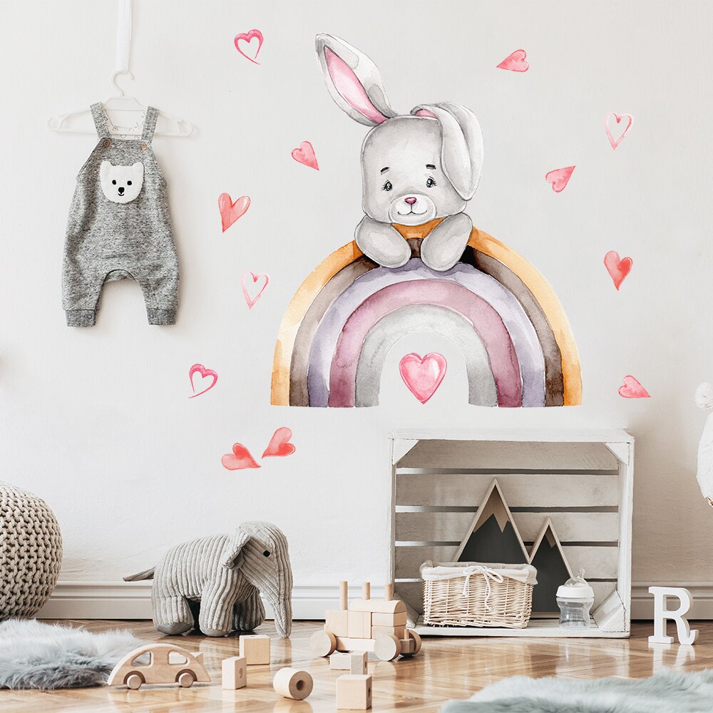 Cartoon Bunny Moon and Stars Wall Stickers for Kids Room Baby Room Decoration Animals Wall Decals Girls Boys Bedroom Wallpaper