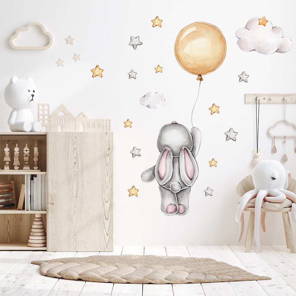 Cartoon Bunny Moon and Stars Wall Stickers for Kids Room Baby Room Decoration Animals Wall Decals Girls Boys Bedroom Wallpaper