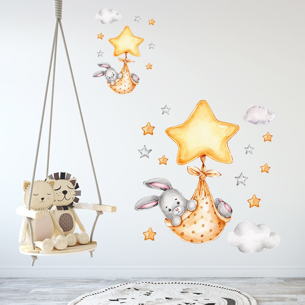 Cartoon Bunny Moon and Stars Wall Stickers for Kids Room Baby Room Decoration Animals Wall Decals Girls Boys Bedroom Wallpaper