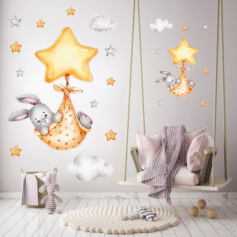 Cartoon Bunny Moon and Stars Wall Stickers for Kids Room Baby Room Decoration Animals Wall Decals Girls Boys Bedroom Wallpaper