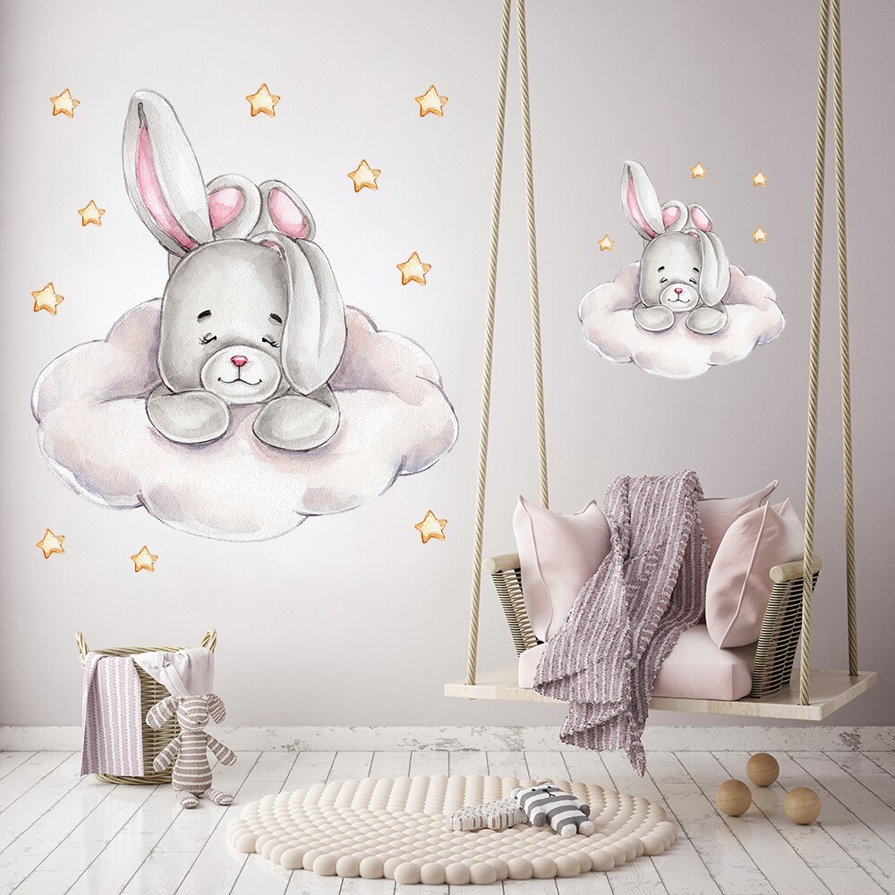 Cartoon Bunny Moon and Stars Wall Stickers for Kids Room Baby Room Decoration Animals Wall Decals Girls Boys Bedroom Wallpaper