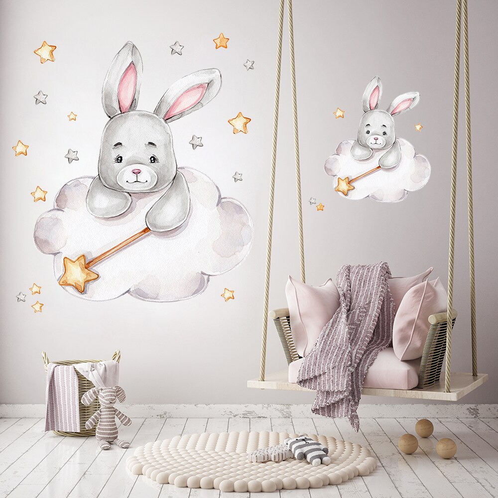 Cartoon Bunny Moon and Stars Wall Stickers for Kids Room Baby Room Decoration Animals Wall Decals Girls Boys Bedroom Wallpaper