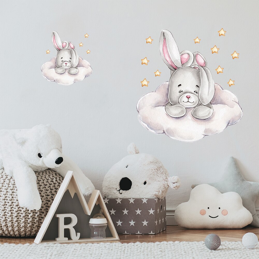 Cartoon Bunny Moon and Stars Wall Stickers for Kids Room Baby Room Decoration Animals Wall Decals Girls Boys Bedroom Wallpaper