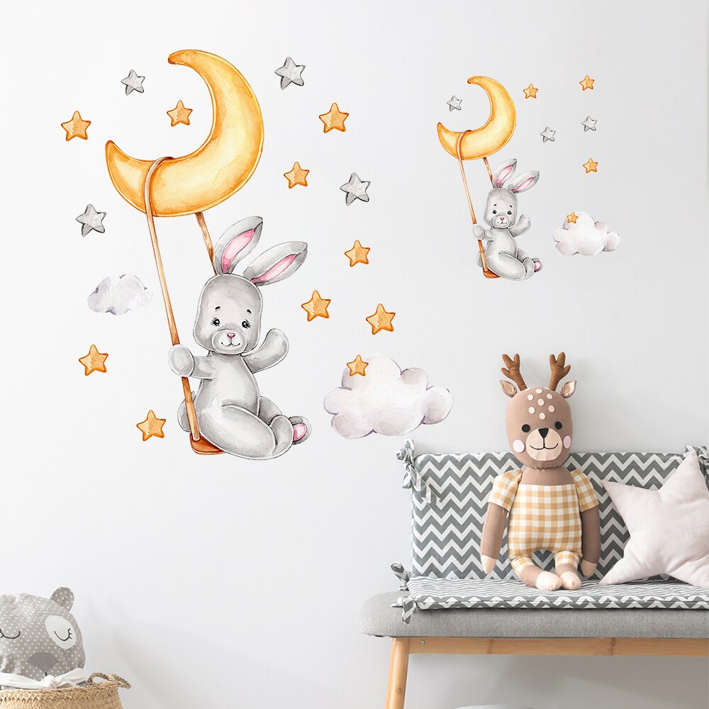 Cartoon Bunny Moon and Stars Wall Stickers for Kids Room Baby Room Decoration Animals Wall Decals Girls Boys Bedroom Wallpaper