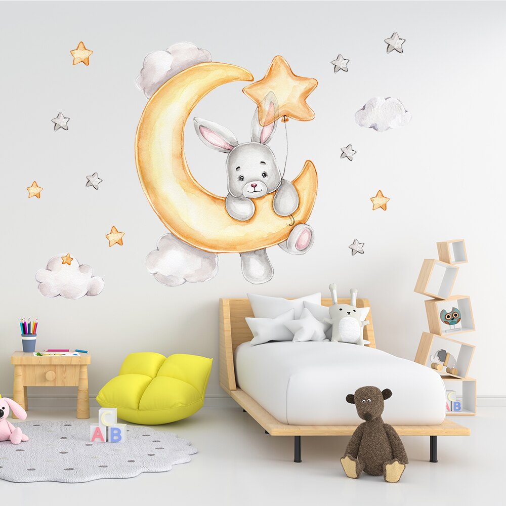 Cartoon Bunny Moon and Stars Wall Stickers for Kids Room Baby Room Decoration Animals Wall Decals Girls Boys Bedroom Wallpaper