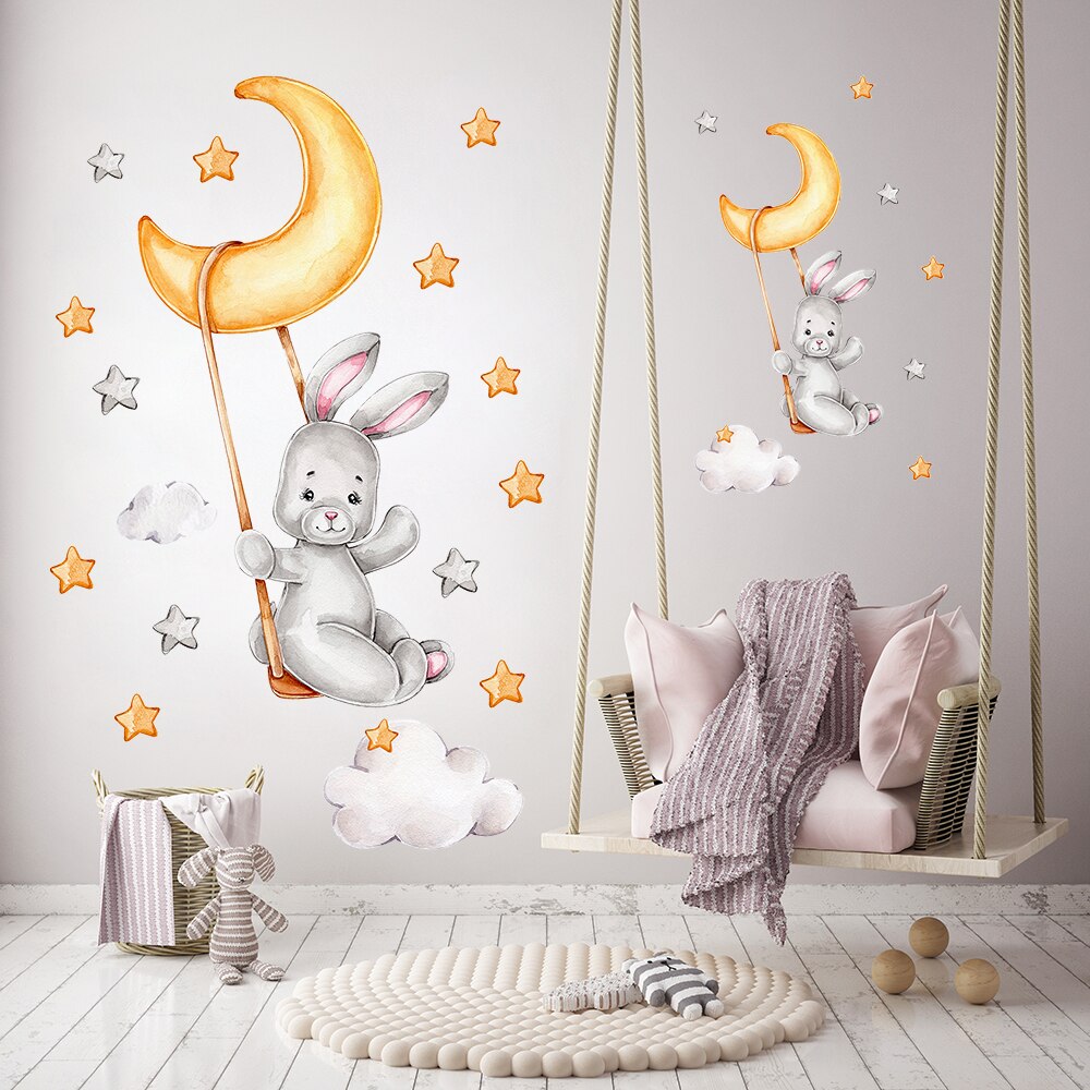 Cartoon Bunny Moon and Stars Wall Stickers for Kids Room Baby Room Decoration Animals Wall Decals Girls Boys Bedroom Wallpaper