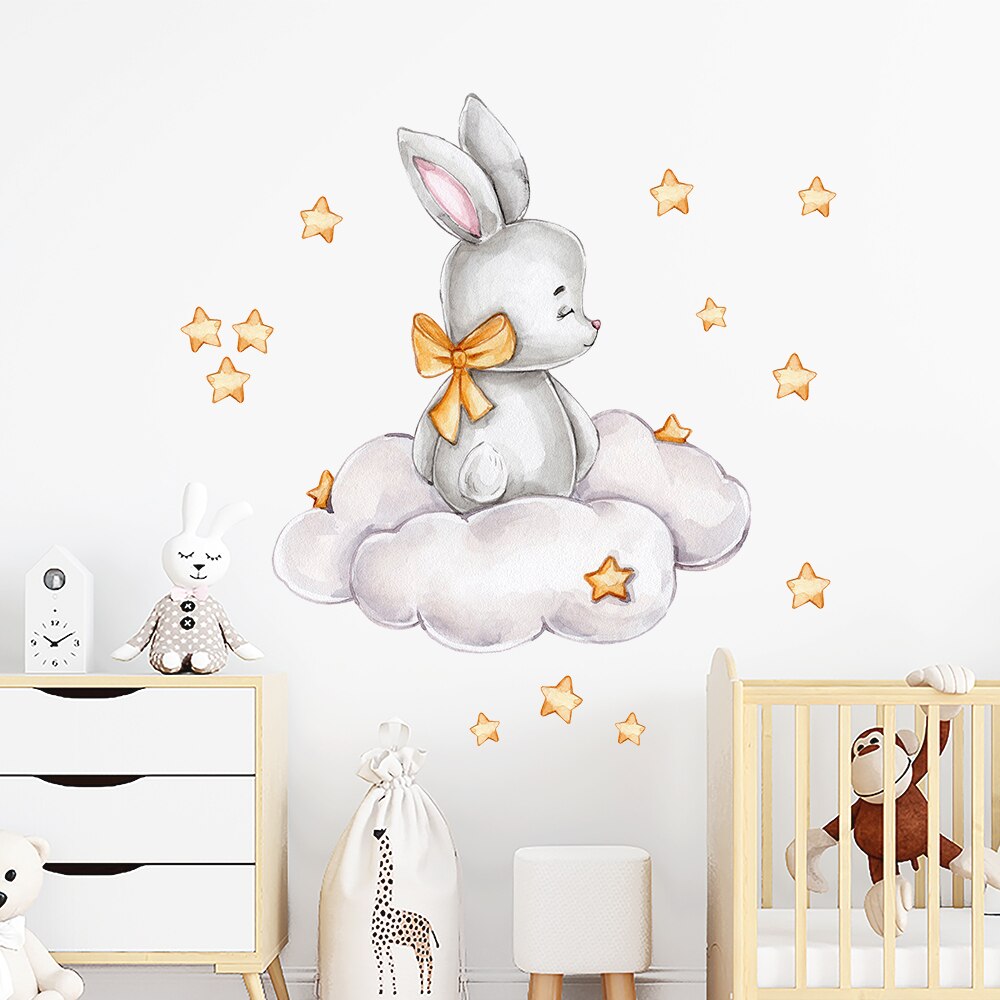 Cartoon Bunny Moon and Stars Wall Stickers for Kids Room Baby Room Decoration Animals Wall Decals Girls Boys Bedroom Wallpaper