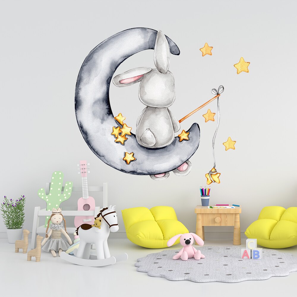 Cartoon Bunny Moon and Stars Wall Stickers for Kids Room Baby Room Decoration Animals Wall Decals Girls Boys Bedroom Wallpaper