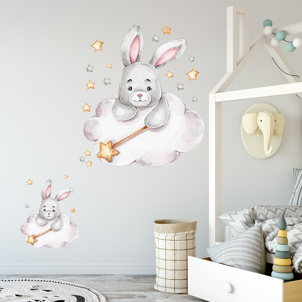 Cartoon Bunny Moon and Stars Wall Stickers for Kids Room Baby Room Decoration Animals Wall Decals Girls Boys Bedroom Wallpaper