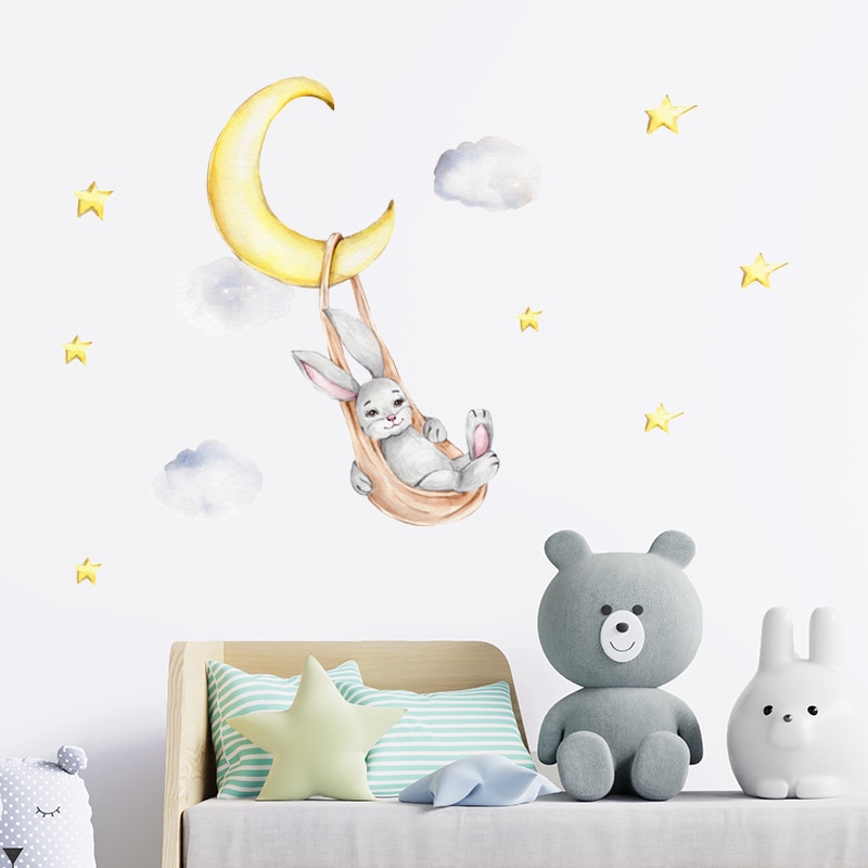 Cartoon Rabbit Moon Stars Wall Stickers For Kids Room Decoration Baby Nursery Bedroom Livingroom Wall Decals Animals House Decor Cartoon Rabbit Moon Stars Wall Stickers For Kids Room Decoration Baby Nursery Bedroom Livingroom Wall Decals Animals House Decor