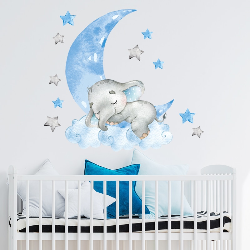 Baby Boy Elephant Sleeping Moon Wall Stickers for Kids Room Baby Nursery Room Decoration Wall Decals Home Decor Cartoon Animal Baby Boy Elephant Sleeping Moon Wall Stickers for Kids Room Baby Nursery Room Decoration Wall Decals Home Decor Cartoon Animal