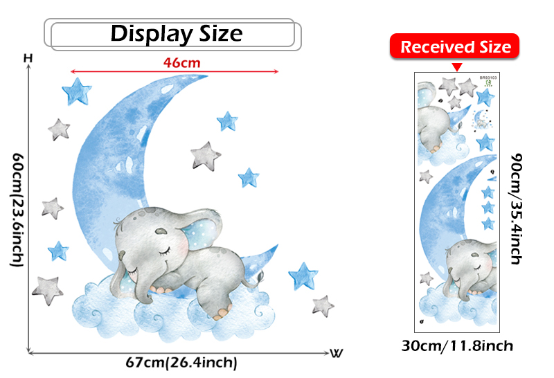 Baby Boy Elephant Sleeping Moon Wall Stickers for Kids Room Baby Nursery Room Decoration Wall Decals Home Decor Cartoon Animal