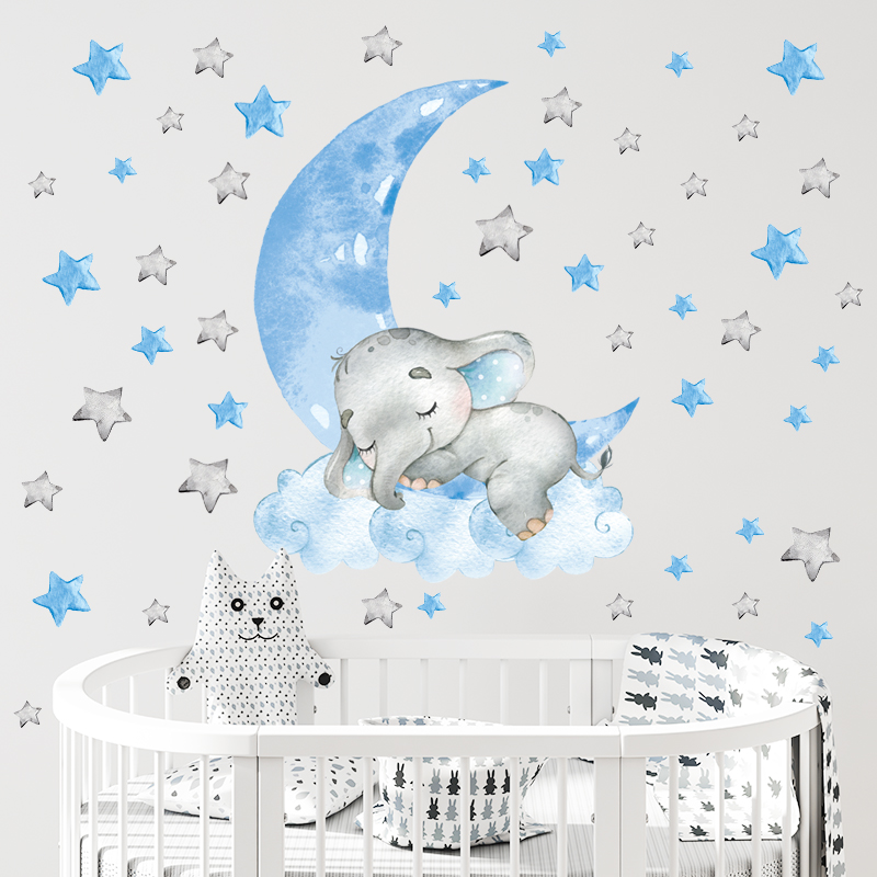 Baby Boy Elephant Sleeping Moon Wall Stickers for Kids Room Baby Nursery Room Decoration Wall Decals Home Decor Cartoon Animal
