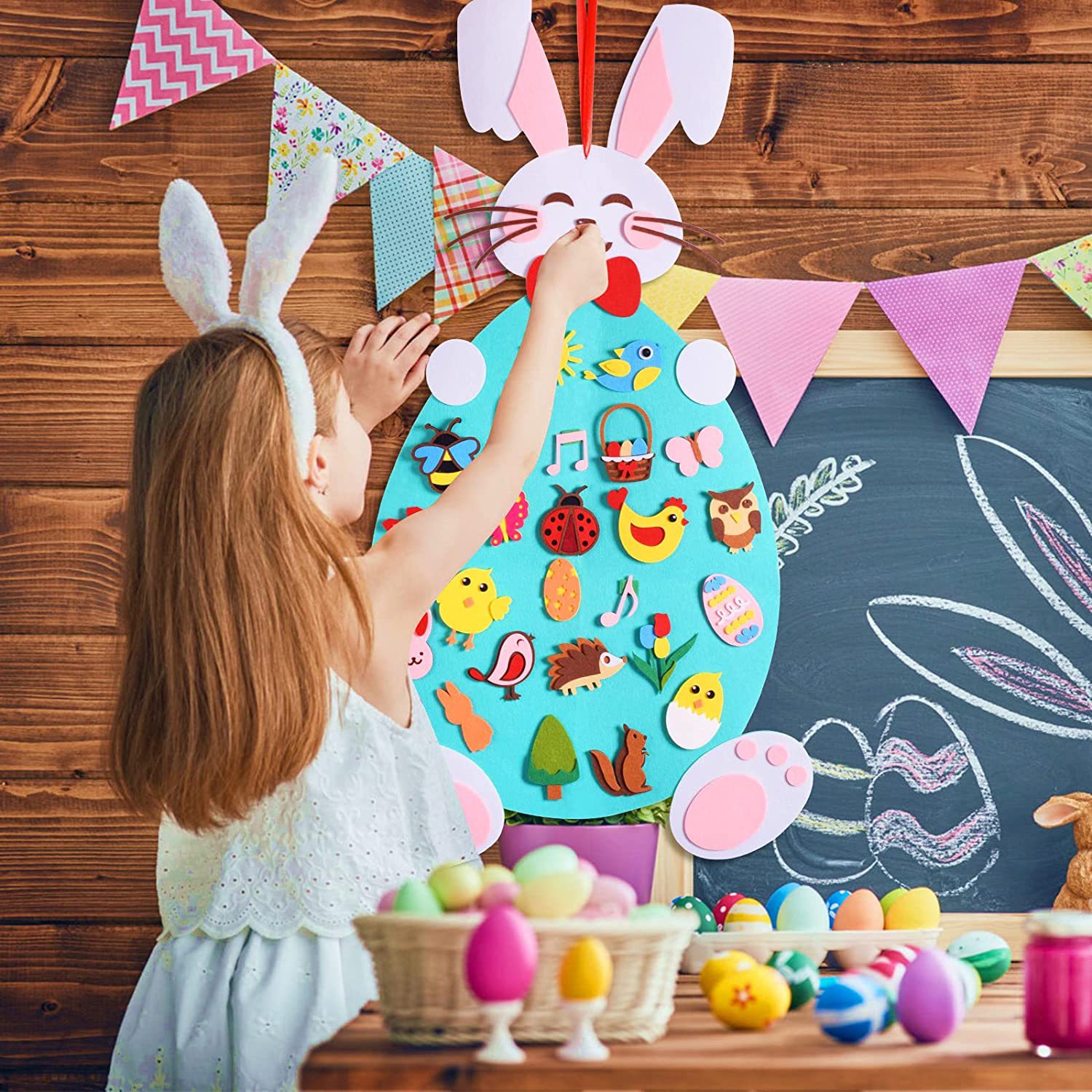 DIY Felt Easter Rabbit Happy Easter Party Decor 2023 Colorful Eggs Party Kids Gifts Pendants Bunny Easter Wall Hanging Oranments