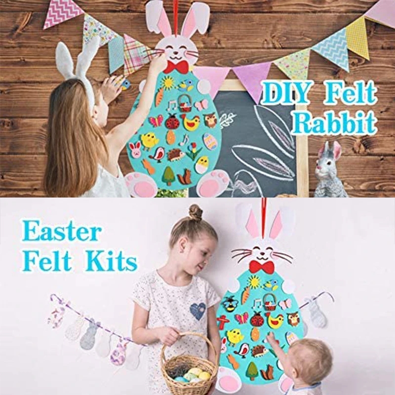 DIY Felt Easter Rabbit Happy Easter Party Decor 2023 Colorful Eggs Party Kids Gifts Pendants Bunny Easter Wall Hanging Oranments