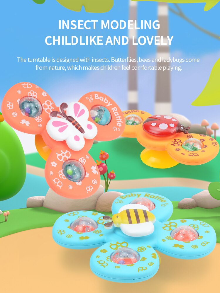 Suction Toys for Baby, Suction Cup Spinner Toy, 3 Pieces Baby Bath Toys Cartoon Animal Spinning Top Girls Boys Toys with Rustlin