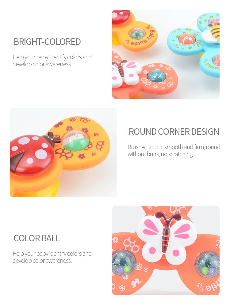 Suction Toys for Baby, Suction Cup Spinner Toy, 3 Pieces Baby Bath Toys Cartoon Animal Spinning Top Girls Boys Toys with Rustlin