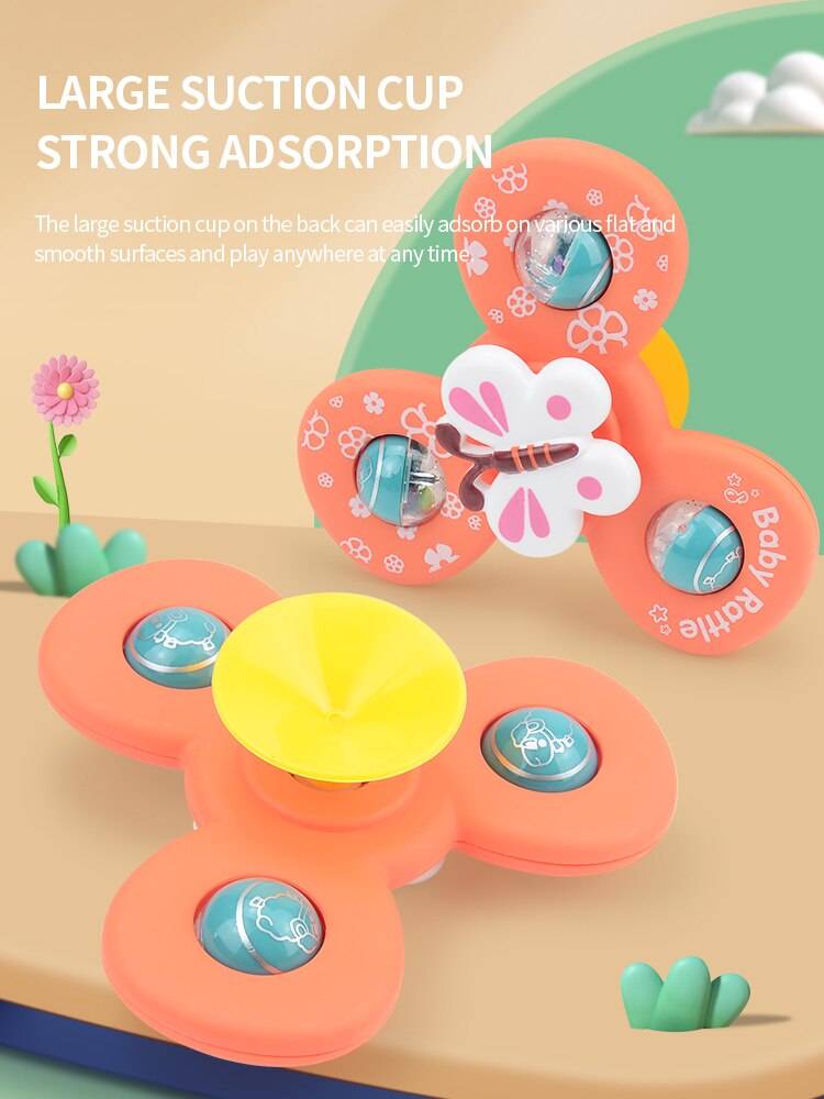 Suction Toys for Baby, Suction Cup Spinner Toy, 3 Pieces Baby Bath Toys Cartoon Animal Spinning Top Girls Boys Toys with Rustlin