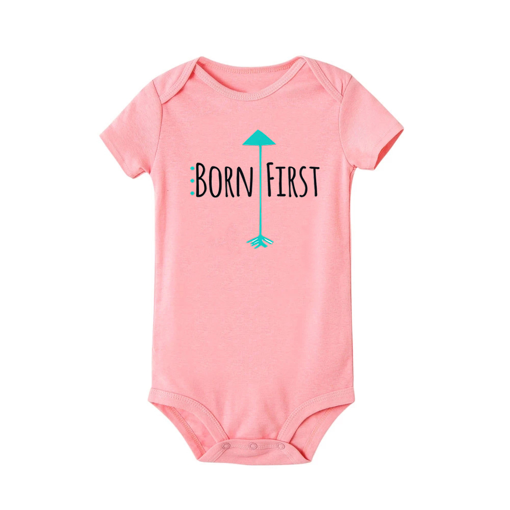 Born First Show Off Twins Baby Romper Baby Announcement Short Sleeve Bodysuit Newborn Twins Bro Sister Summer Outfit Clothes
