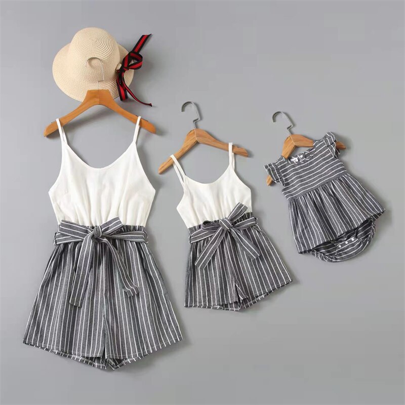 Striped Mother Daughter Matching Overalls Family Set One-Piece Mommy and Me Dresses Clothes Fashion Woman Girls Cotton Jumpsuits