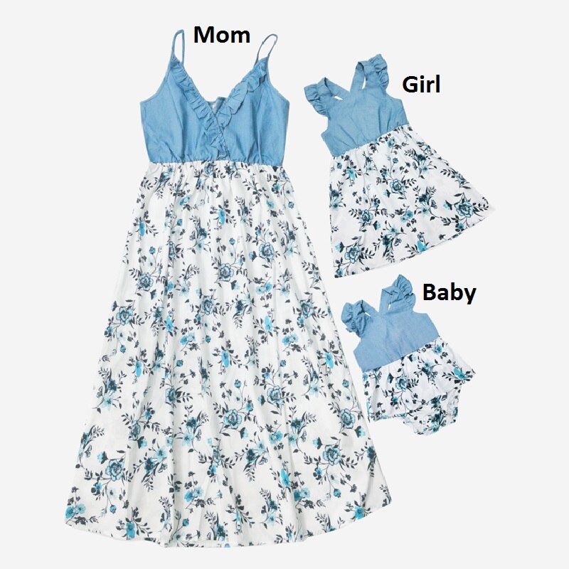 Flower Print Mother Daughter Matching Dresses Family Look Mommy and Me Clothes Outfits Mom Mum & Baby Women Girls Dress