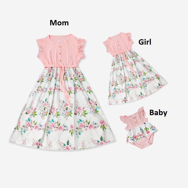 Flower Print Mother Daughter Matching Dresses Family Look Mommy and Me Clothes Outfits Mom Mum & Baby Women Girls Dress