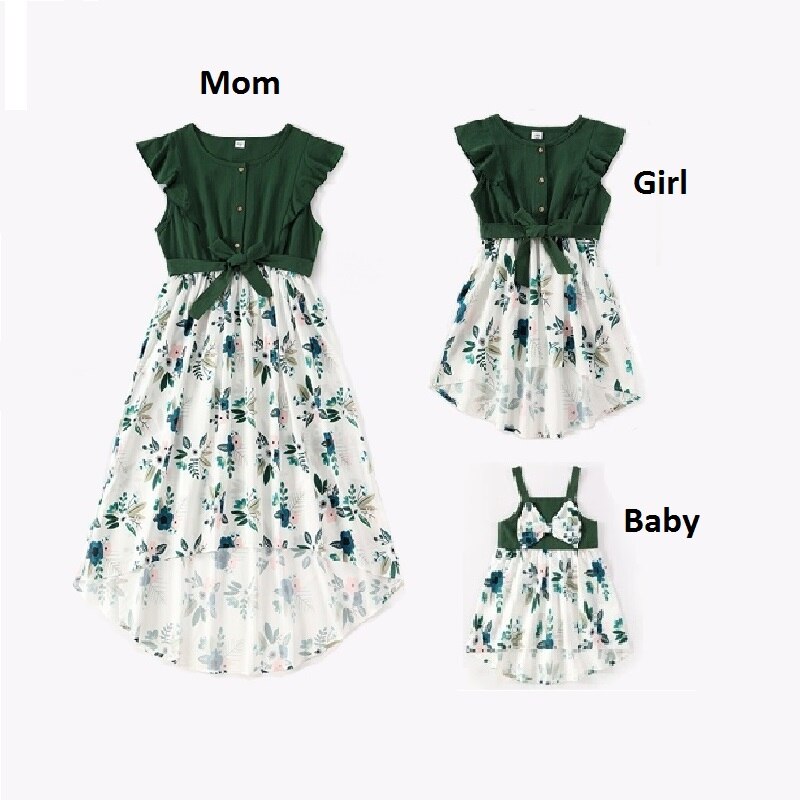 Flower Print Mother Daughter Matching Dresses Family Look Mommy and Me Clothes Outfits Mom Mum & Baby Women Girls Dress