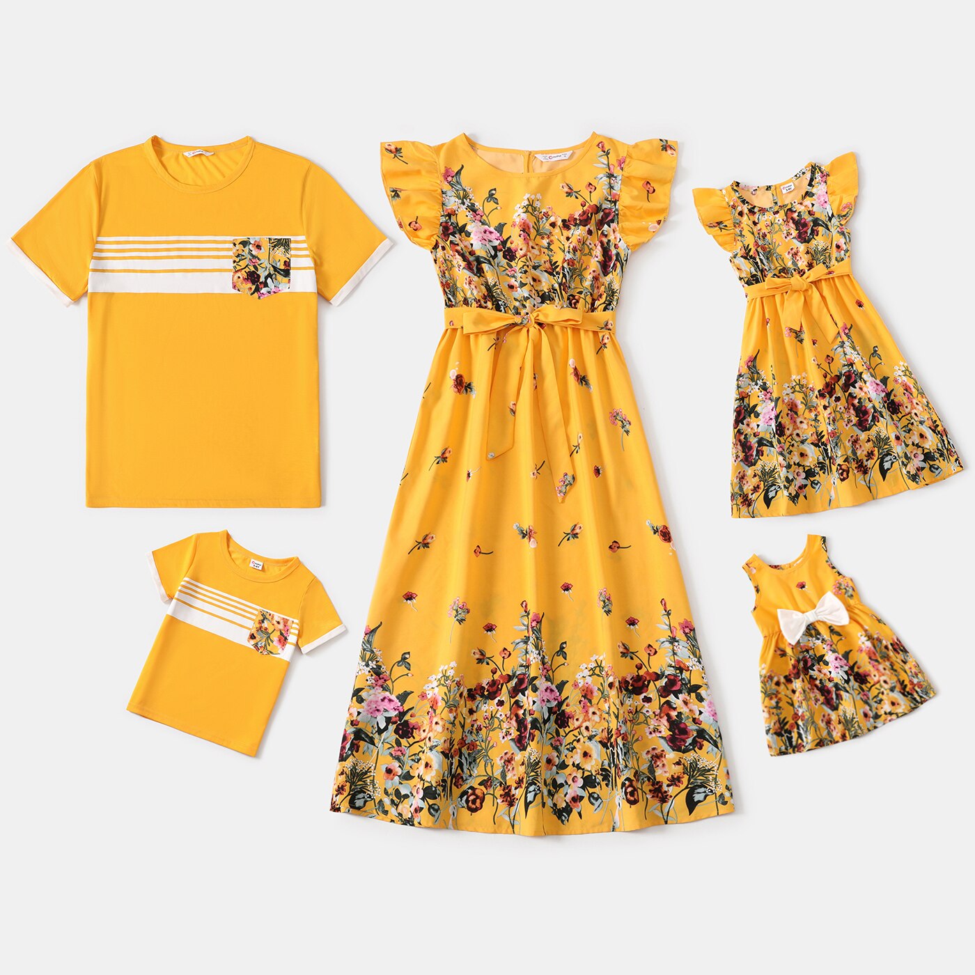 PatPat Family Matching Outfits Floral Print Ruffle-sleeve Belted Midi Dresses and Striped Short-sleeve T-shirts Sets PatPat Family Matching Outfits Floral Print Ruffle-sleeve Belted Midi Dresses and Striped Short-sleeve T-shirts Sets