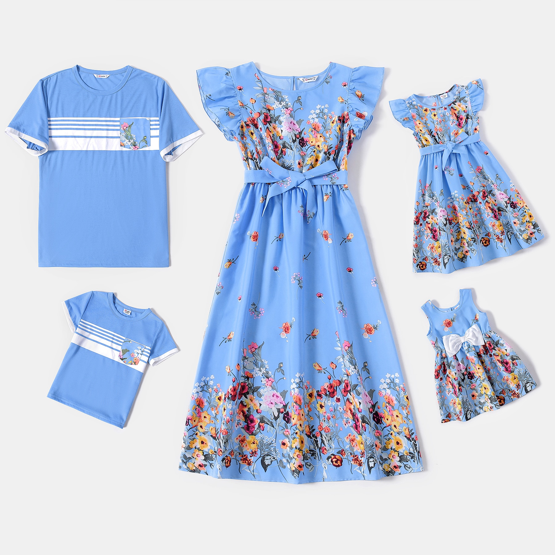 PatPat Family Matching Outfits Floral Print Ruffle-sleeve Belted Midi Dresses and Striped Short-sleeve T-shirts Sets PatPat Family Matching Outfits Floral Print Ruffle-sleeve Belted Midi Dresses and Striped Short-sleeve T-shirts Sets