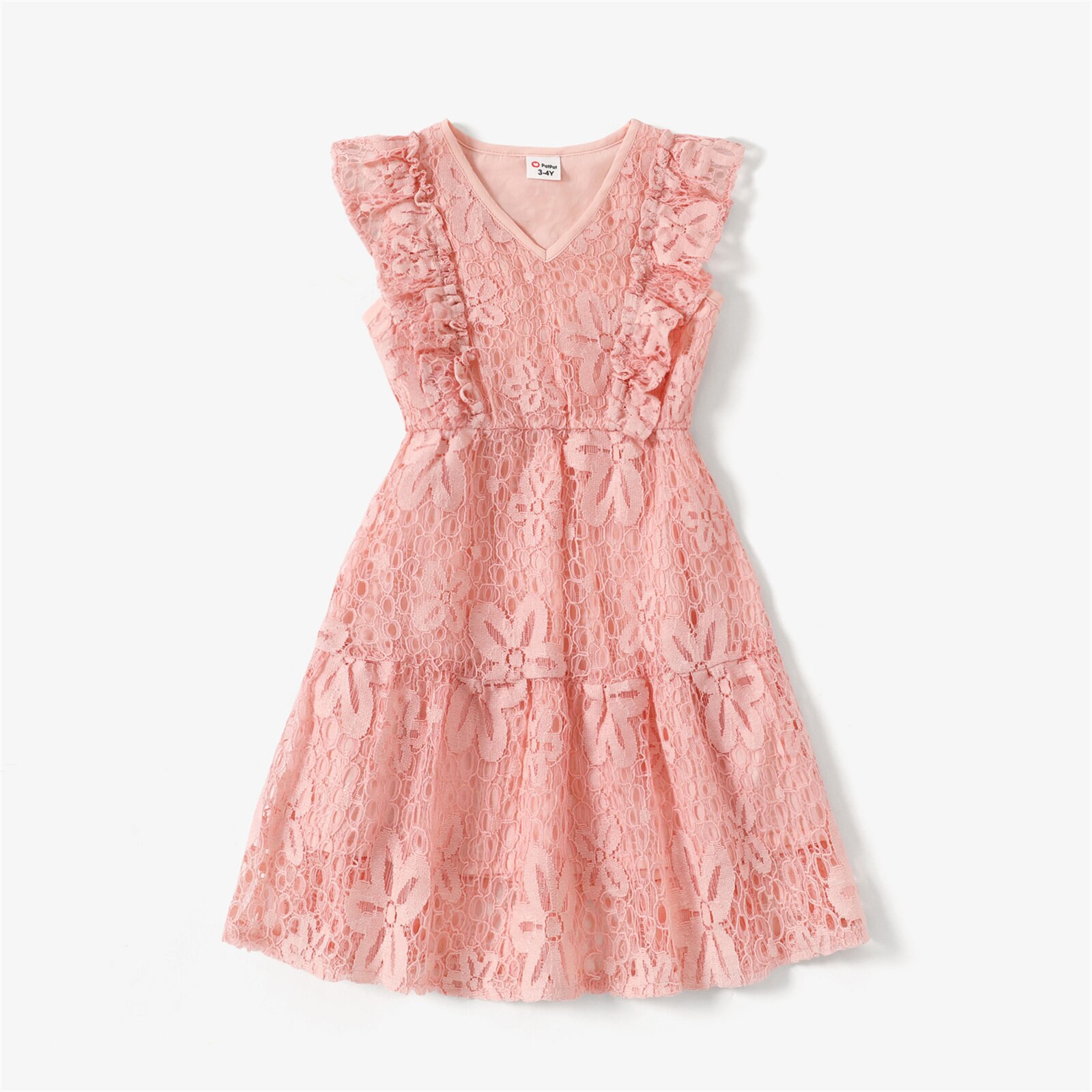 PatPat Family Matching Pink Lace V Neck Sleeveless Ruffle Dresses and Colorblock T-shirts Sets PatPat Family Matching Pink Lace V Neck Sleeveless Ruffle Dresses and Colorblock T-shirts Sets