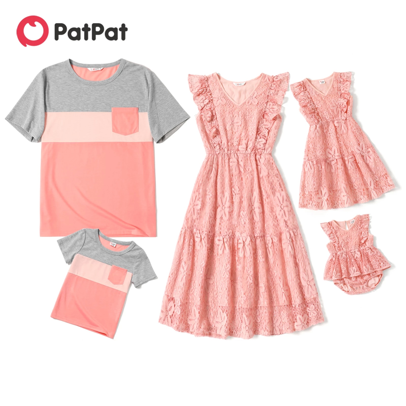 PatPat Family Matching Pink Lace V Neck Sleeveless Ruffle Dresses and Colorblock T-shirts Sets PatPat Family Matching Pink Lace V Neck Sleeveless Ruffle Dresses and Colorblock T-shirts Sets