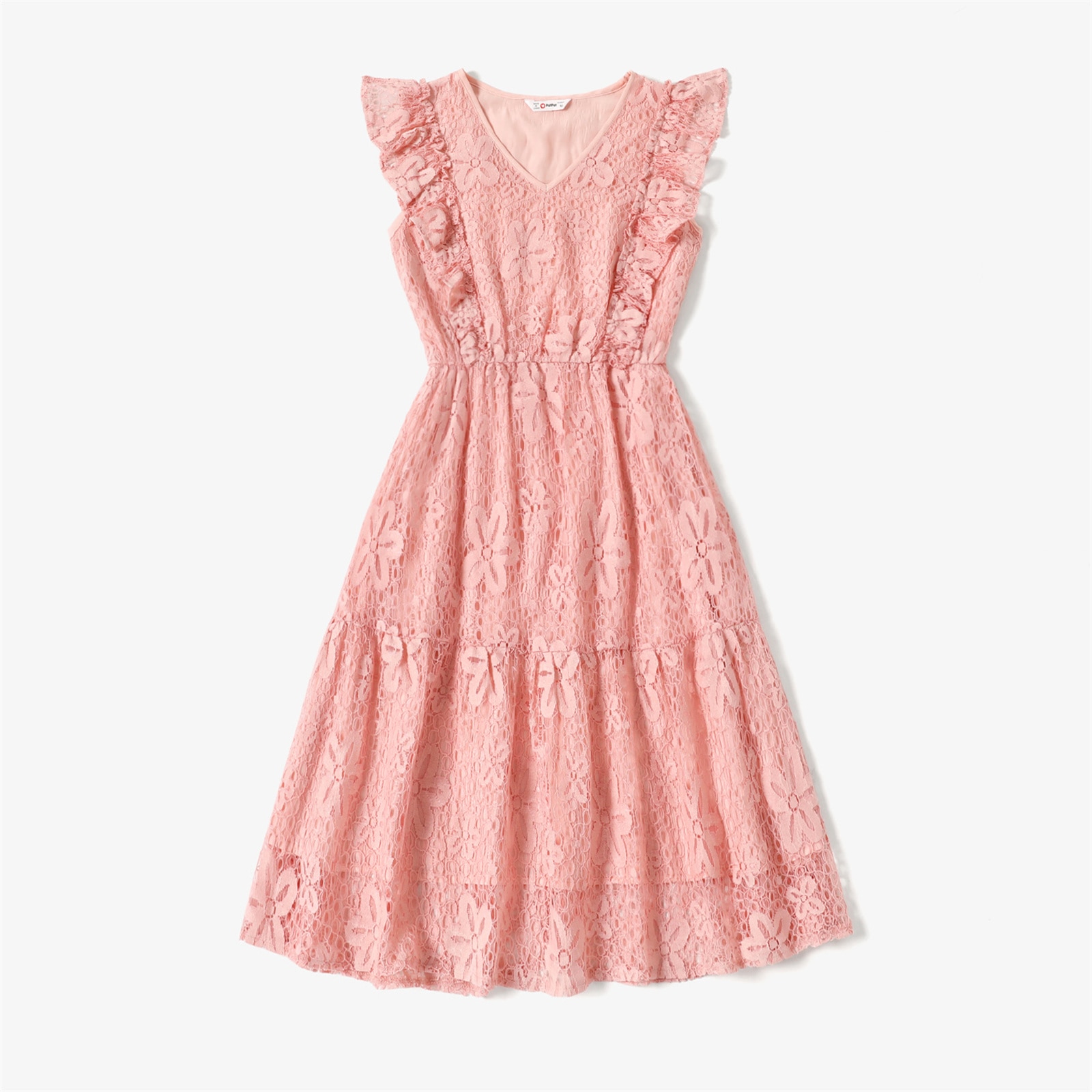 PatPat Family Matching Pink Lace V Neck Sleeveless Ruffle Dresses and Colorblock T-shirts Sets PatPat Family Matching Pink Lace V Neck Sleeveless Ruffle Dresses and Colorblock T-shirts Sets
