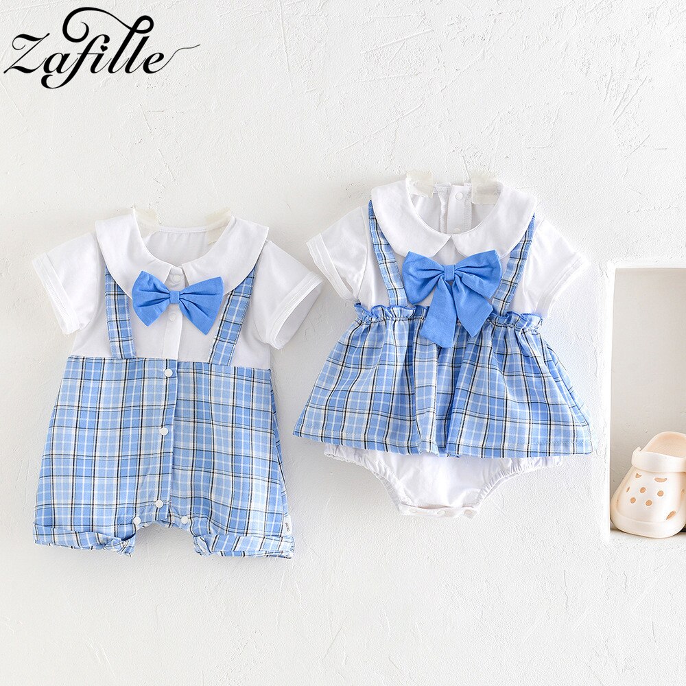 ZAFILLE Twins Costume Matching Brother And Sister Outfits Plaid Patchwork Kids Boys Girls Clothing Bowtie Baby's Summer Rompers ZAFILLE Twins Costume Matching Brother And Sister Outfits Plaid Patchwork Kids Boys Girls Clothing Bowtie Baby's Summer Rompers
